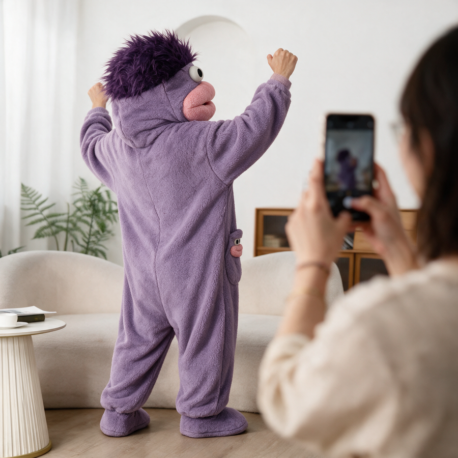 Monster onesie worn with the hood up, seen from behind while a friend takes a photo