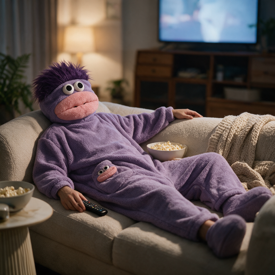 Relaxing on the sofa in the lavender monster onesie
