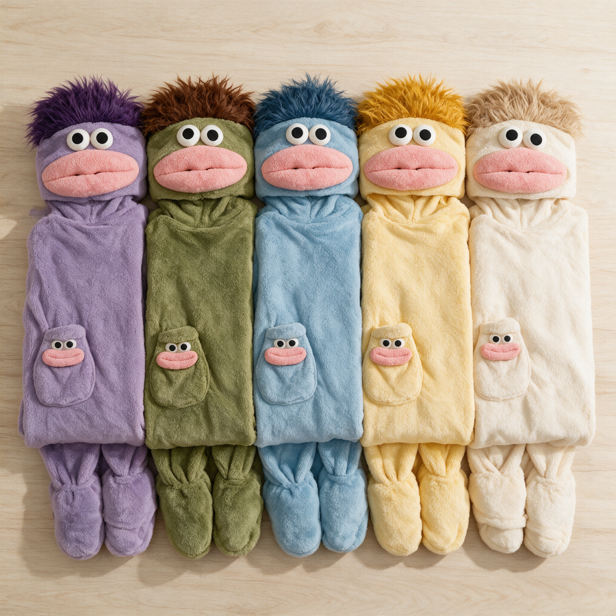 Monster onesies in five colours, each with its own hair